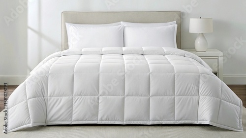 Close-up of a luxurious white comforter with a classic quilted pattern and two plump white pillows, suggesting exceptional softness and a restful night's sleep