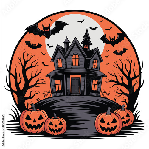 Vintage Halloween T-Shirt Design with Haunted House, Pumpkins, and Bats Illustration