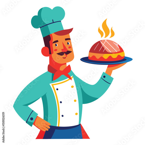 A vibrant gouache painting of a chef presenting a delicious dish, culinary art.