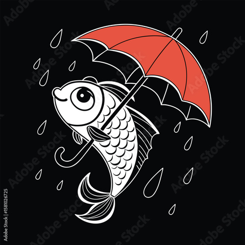A charming fish holding a vibrant red umbrella. 