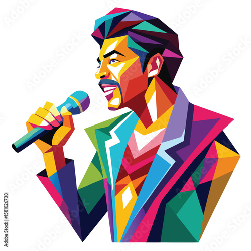 A vibrant mosaic style depiction of a singer holding a microphone, a musical icon.