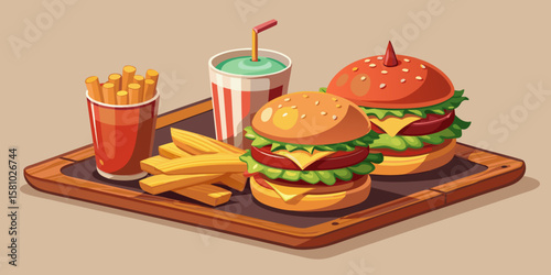 Birthday cake with candles next to a delicious grilled cheeseburger and fries