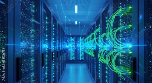 Endless server room aisle with data cables illuminating complex systems and visual style.