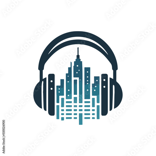 A stylized illustration of headphones with a city skyline integrated into the design