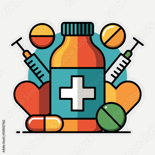 A Flat Design Medical Illustration Featuring Pills, Syringes and Heart for Healthcare 