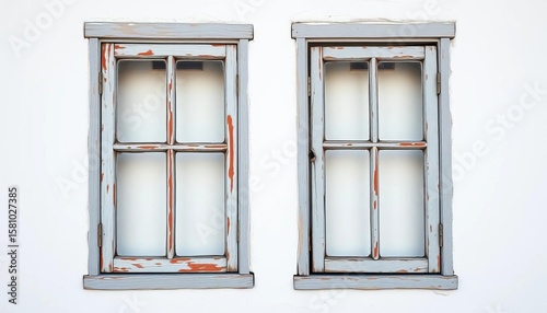 Aged wooden window frames, weathered paint, white background,  texture,   windowpane