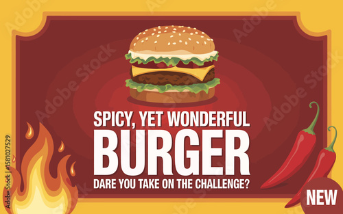 Spicy Yet Wonderful Burger Dare to Take on the Challenge? A-Stylized Promotional Poster