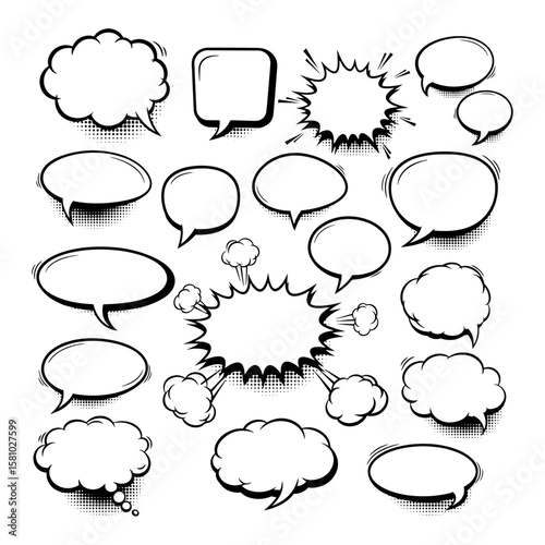 Comic Speech Bubbles Set with Halftone Effects and Dynamic Shapes
