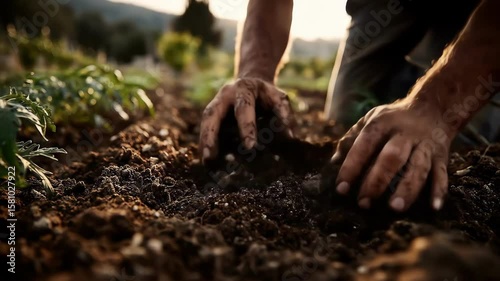 Person planting in garden, close up of hands working the soil.