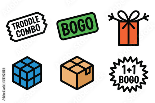 Collection of colorful discount graphic icons, including a combo ticket, BOGO sign, gift, cube, box and special promotional offer