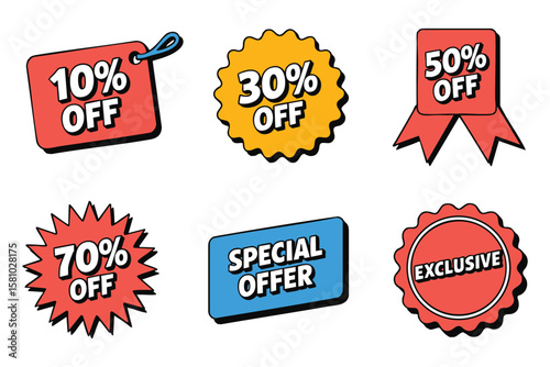 Colorful discount stickers represent sale offers on merchandise with savings and promotional deals for retail shopping.