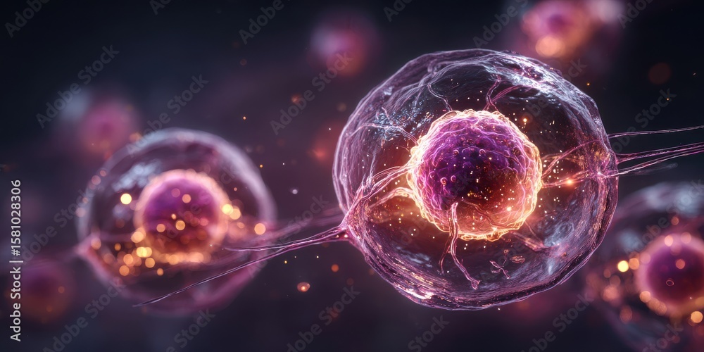 Obraz premium Stem cell therapy: Groundbreaking regenerative cells dividing in petri dish with glowing mitochondria backdrop 