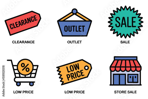 Colorful sale icons showcase clearance, outlet, store sales, and low price tags for retail promotion and shopping.
