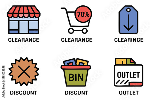 A retail illustration displaying clearance, discounts and outlets with vector icons for advertising or a modern store design.