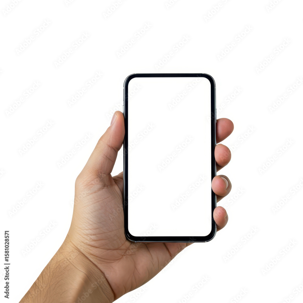 Hand holding a modern smartphone with a blank white screen isolated on transparent background Hand holding a modern smartphone with a blank white screen isolated on transparent background