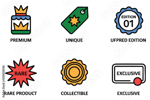 A collection of illustrations representing premium, unique, rare, collectible, exclusive, and limited edition items for product marketing.