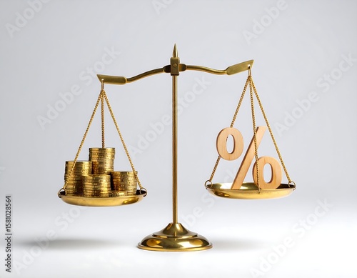 Golden scales with coins and percentage