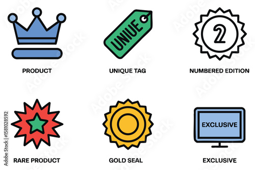Collection of product badges displaying rare, unique, gold, and exclusive qualities for marketing purposes.