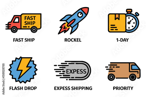 Fast shipping icons featuring a delivery truck, rocket, package, flash sale and express delivery symbols conveying speed.