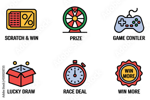 Lucky draw design showing prize wheel, controller, scratch card and timer symbols creating a games promo.