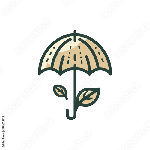 A stylized umbrella with leaves, symbolizing nature and protection, set against a minimalist background
