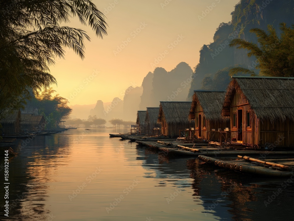 Fototapeta premium Sunrise over tranquil river houses in Southeast Asia. Peaceful morning scene.