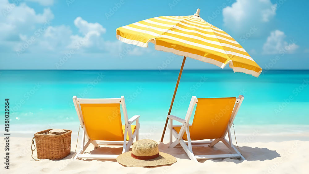 Two yellow deck chairs under a striped umbrella face the turquoise ocean, perfect for a peaceful tropical beach vacation scene. Two yellow deck chairs under a striped umbrella face the turquoise ocean, perfect for a peaceful tropical beach vacation scene.