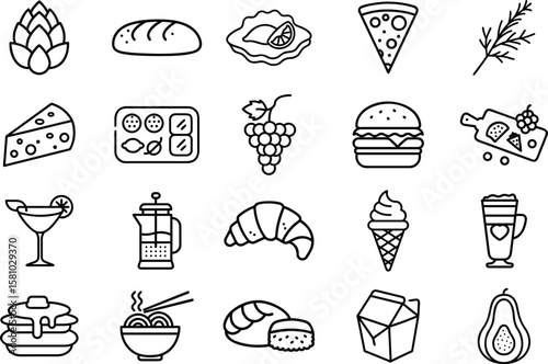 A collection of food icons in vector format, including bread, pizza, burger, sushi, grapes, ice cream, coffee, and more. Perfect for culinary projects, menu design, and restaurant graphics.