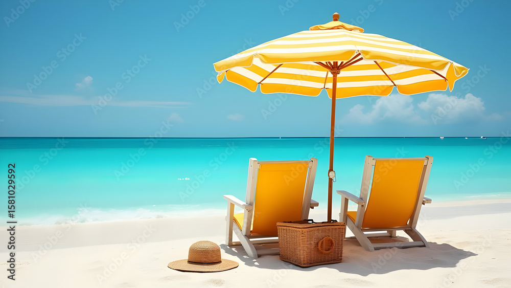 Two yellow deck chairs under a striped umbrella face the turquoise ocean, perfect for a peaceful tropical beach vacation scene. Two yellow deck chairs under a striped umbrella face the turquoise ocean, perfect for a peaceful tropical beach vacation scene.