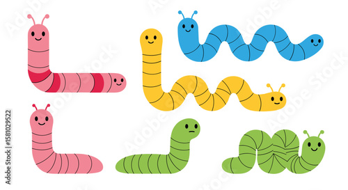 Six Colorful Cartoon Caterpillars Crawling in Different Shapes and Sizes