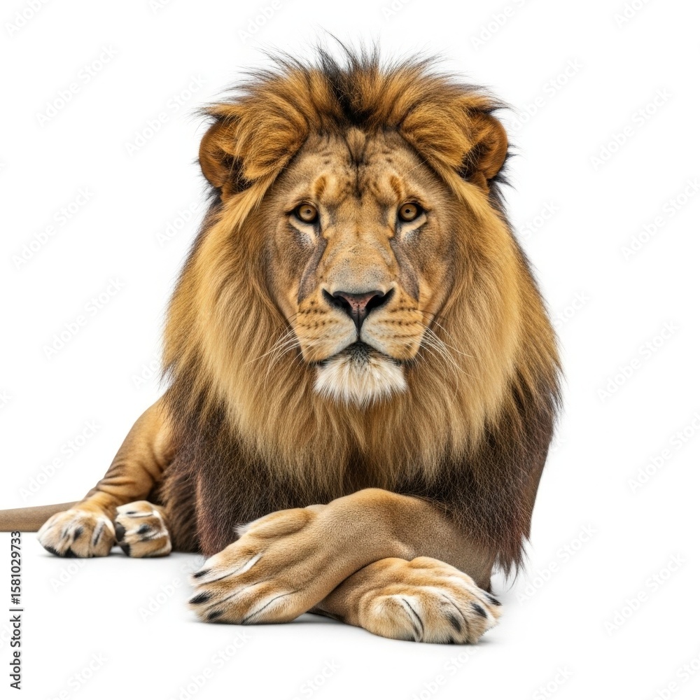 Obraz premium Male African Lion Portrait Paws Crossed Golden Brown Mane White Background Wildlife Animal Photography
