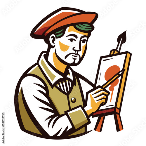 A vintage woodcut style illustration of an artist painting on a canvas.