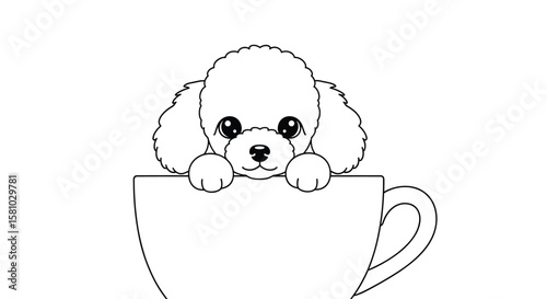 Adorable Poodle Puppy Peeking Over the Edge of a Cute Coffee Cup Illustration