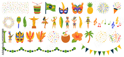 Celebrate with vibrant Brazilian carnival elements, perfect for adding a festive touch to your party invitations and cultural event designs.