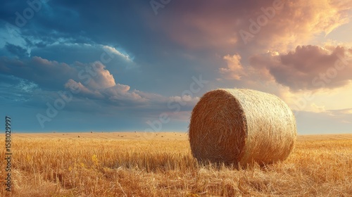 A large round hay bale sits in a golden wheat field under a dramatic sunset sky with scattered clouds