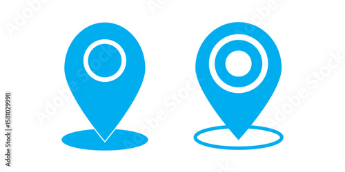 Blue location pointer icon pin marking travel destination with circles on white background illustration.