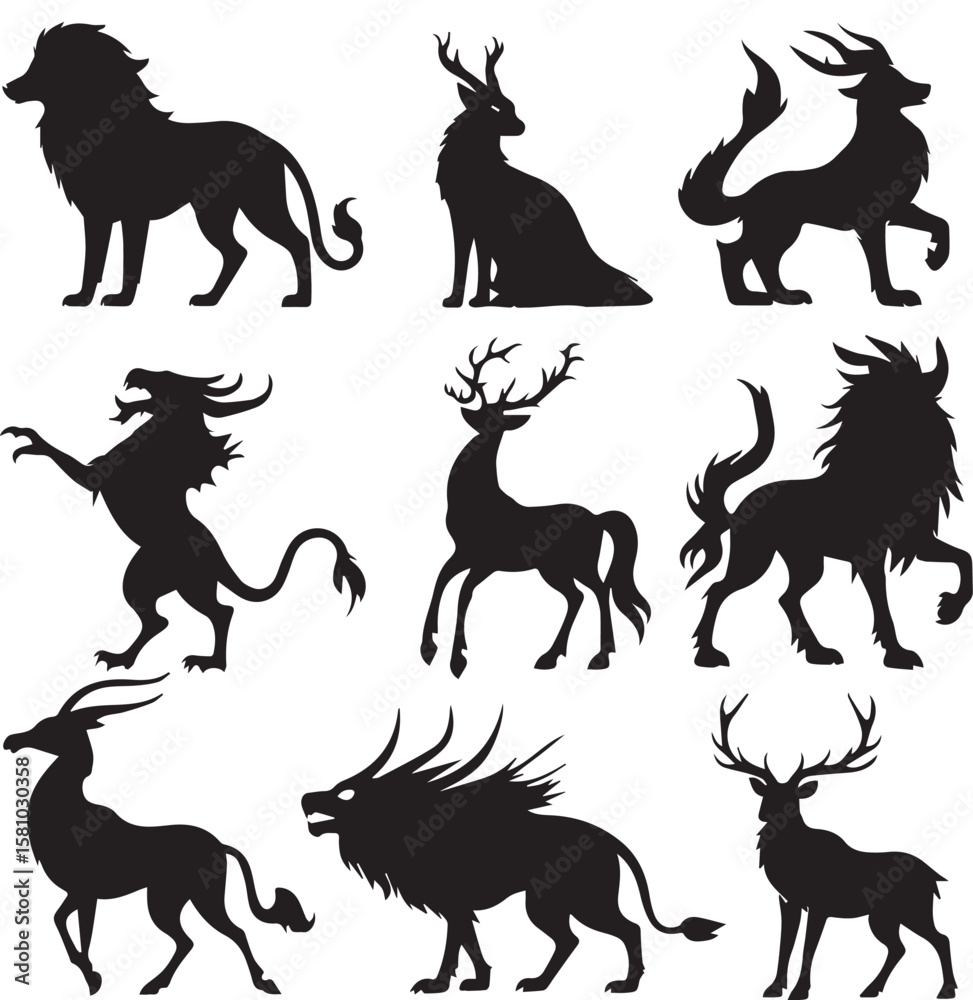 Obraz premium silhouetted mythical creatures including dragons lions and deer