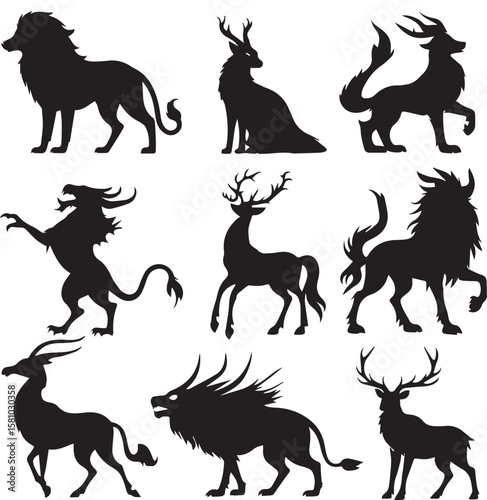 silhouetted mythical creatures including dragons lions and deer
