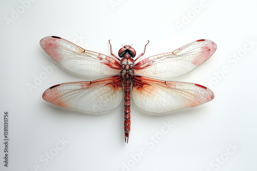 Red Dragonfly on White Background – Insect with Transparent Wings, Macro Nature Detail, Minimal Aesthetic Composition