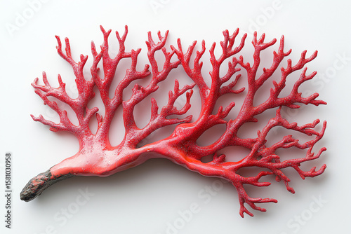 Bright Red Coral Branch on White Background – Marine Sea Plant, Underwater Natural Structure, Ocean Reef Decoration