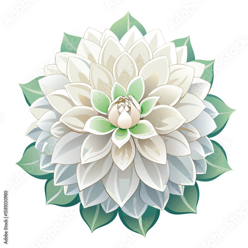 A stunning white dahlia flower with intricate petal patterns, on a clean white background.