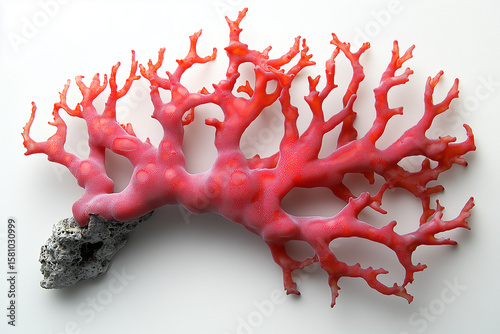 Bright Red Coral Branch on White Background – Marine Sea Plant, Underwater Natural Structure, Ocean Reef Decoration