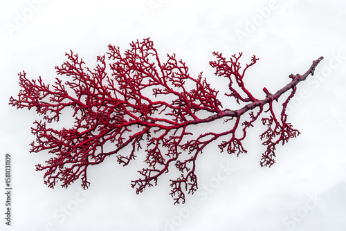 Bright Red Coral Branch on White Background – Marine Sea Plant, Underwater Natural Structure, Ocean Reef Decoration