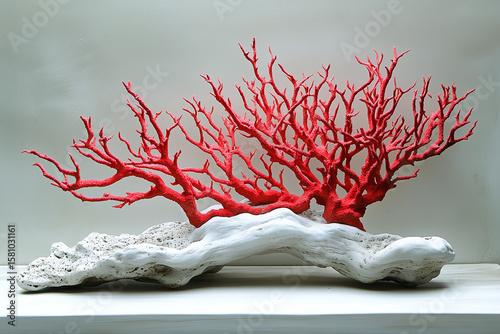 Bright Red Coral Branch on White Background – Marine Sea Plant, Underwater Natural Structure, Ocean Reef Decoration