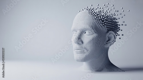Pixelated human head dissolving into cubes digital art