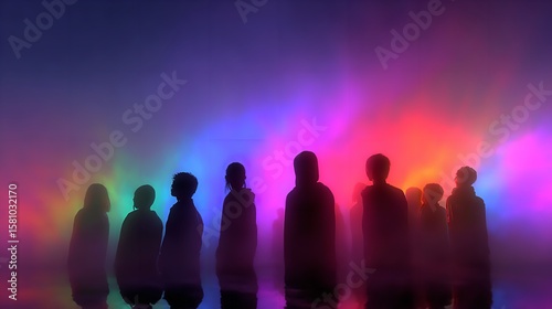 Silhouetted figures stand before vibrant spectral illumination, creating an ethereal and captivating atmosphere with bold and evocative color.