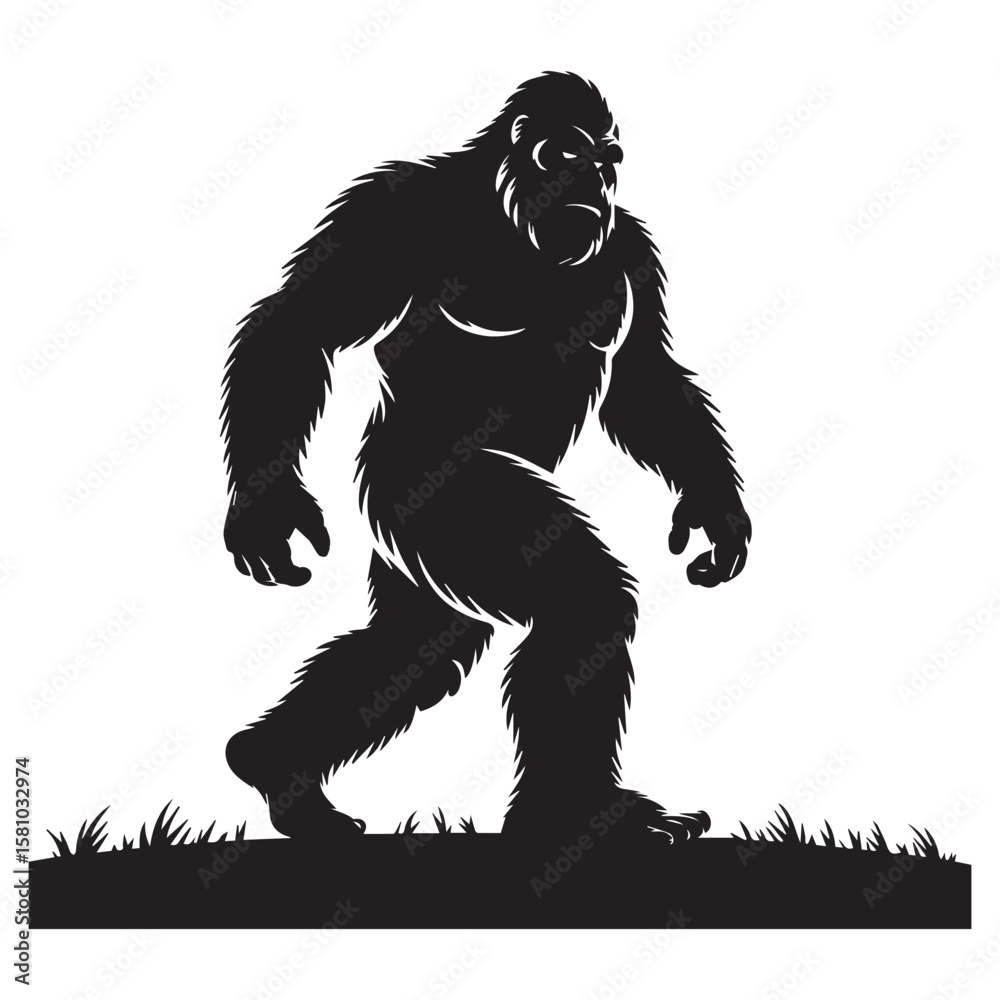 Fototapeta premium A silhouette of a bigfoot walking through the grass, a legendary creature