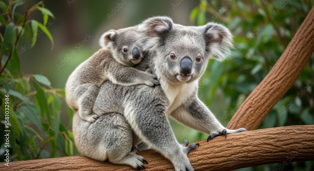 Fototapeta premium Mother Koala and Joey on Eucalyptus Branch Australian Wildlife Closeup