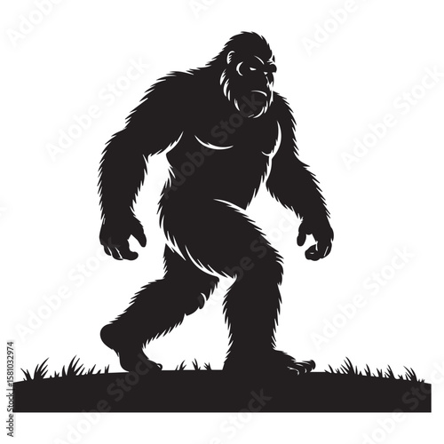 A silhouette of a bigfoot walking through the grass, a legendary creature