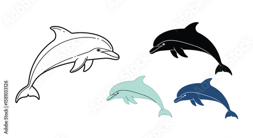 Collection of Graceful Dolphins Leaping Through Ocean Waves Artistic Representations